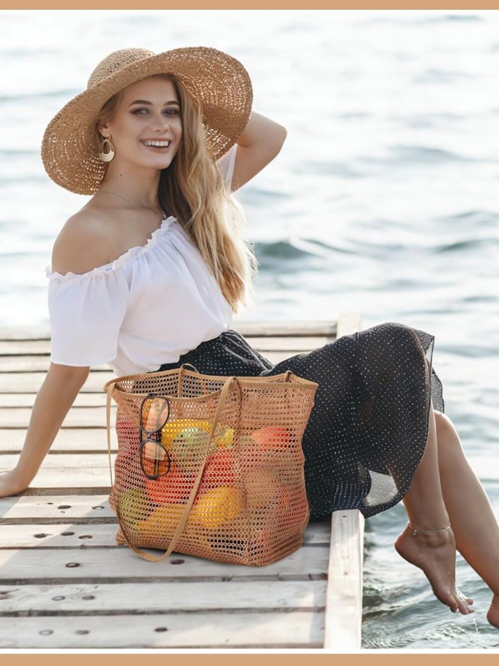 10 Pcs Mesh Beach Tote Bags and Straw Hat Set, Foldable Straw Hat Mesh Tote Bag - Picture 7 of 9